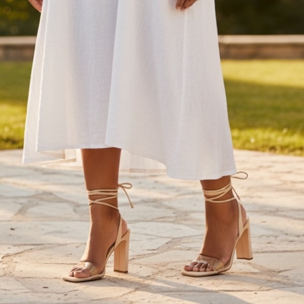 Olivia Jaymes Nude Lace Up Heels size 8.5 beautiful!